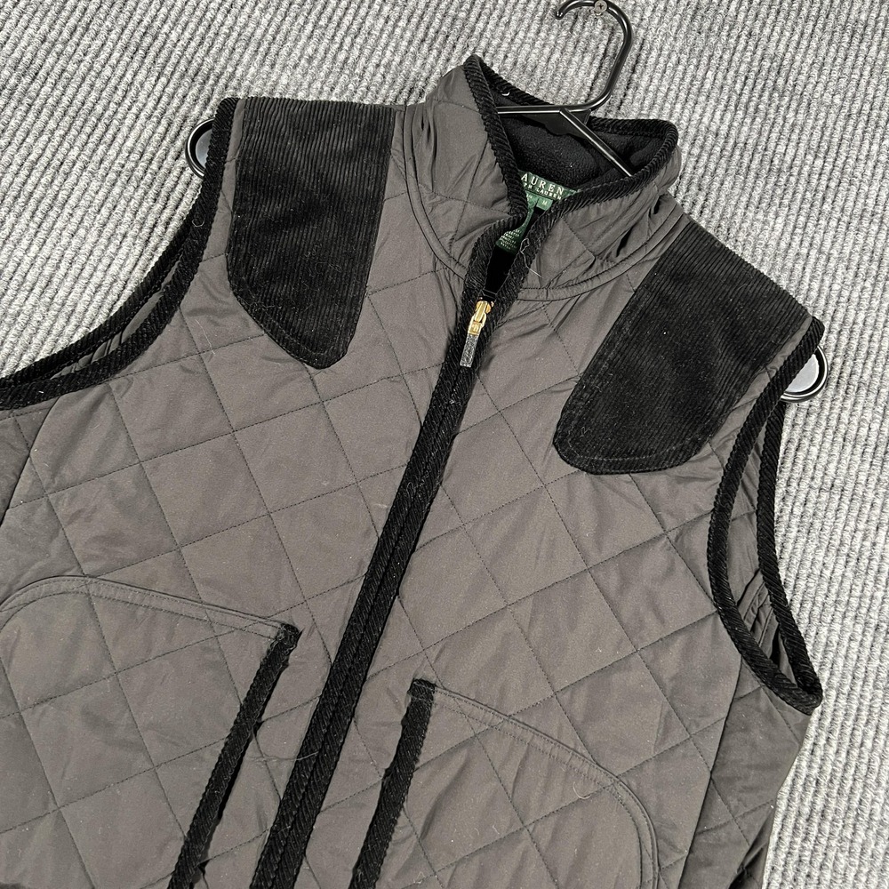 Lauren Ralph Lauren Vest Womens Medium Gray Quilted Corduroy Trim Zip Pockets